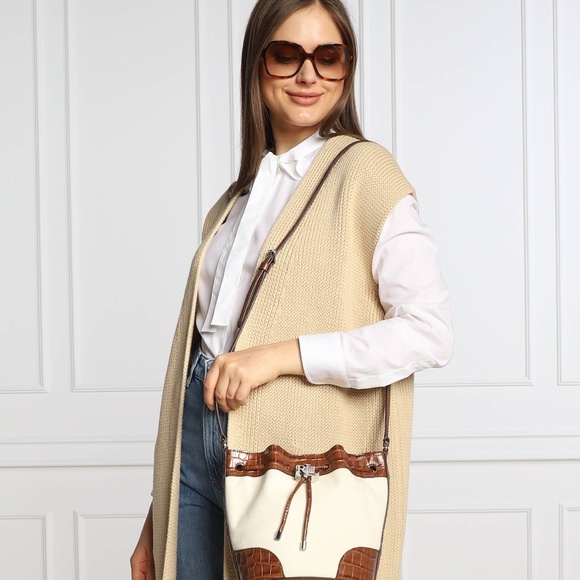 Ralph Lauren Canvas Medium Andie Drawstring Bag with crocodile-embossed leather. - Picture 5 of 8